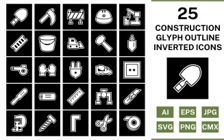 25 Construction Glyph Outline Inverted Icon Set