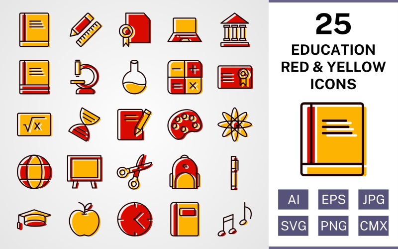 25 Education Filled Red And Yellow Icon Set