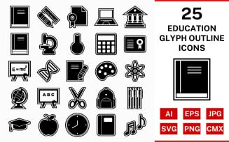 25 Education Glyph Outline Icon Set