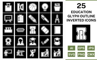 25 Education Glyph Outline Inverted Icon Set