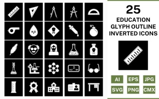 25 Education Glyph Outline Inverted Icon Set