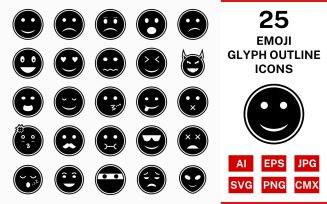 25 Emoji Glyph Outline Icon Set