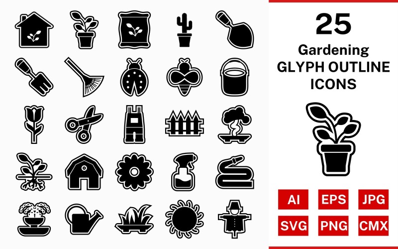 25 Gardening Glyph Outline Icon Set