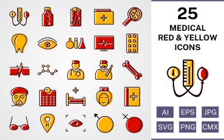 25 Medical Filled Red And Yellow Icon Set