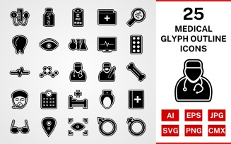 25 Medical Glyph Outline Icon Set