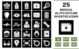 25 Medical Glyph Outline Inverted Icon Set