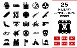 25 Military Glyph Outline Icon Set