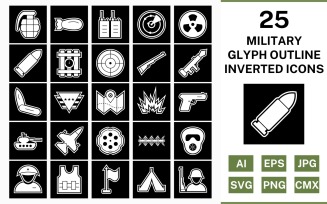 25 Military Glyph Outline Inverted Icon Set