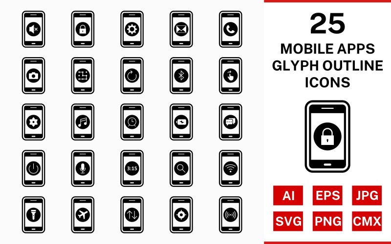 25 Mobile Apps Glyph Outline Icon Set