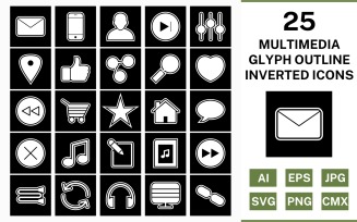 25 Multimedia Glyph Outline Inverted Icon Set