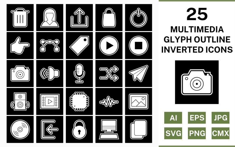25 Multimedia Glyph Outline Inverted Icon Set