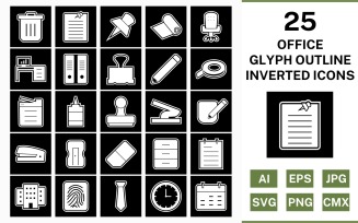 25 Office Glyph Outline Inverted Icon Set