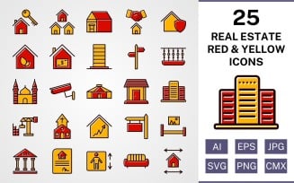 25 Real Estate Filled Red And Yellow Icon Set
