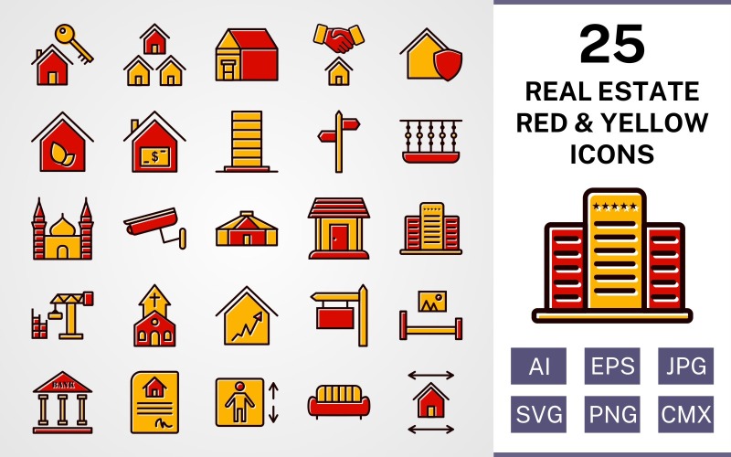 25 Real Estate Filled Red And Yellow Icon Set
