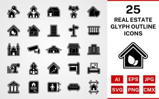 25 Real Estate Glyph Outline Icon Set