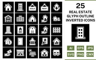 25 Real Estate Glyph Outline Inverted Icon Set