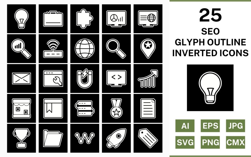 25 Seo Glyph Outline Inverted Icon Set