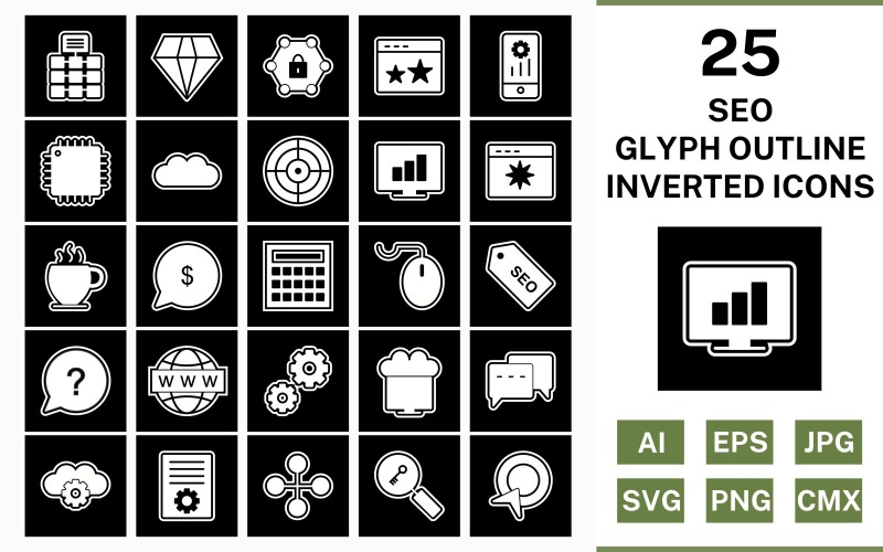 25 Seo Glyph Outline Inverted Icon Set