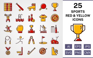 25 Sports And Games Filled Red And Yellow Icon Set