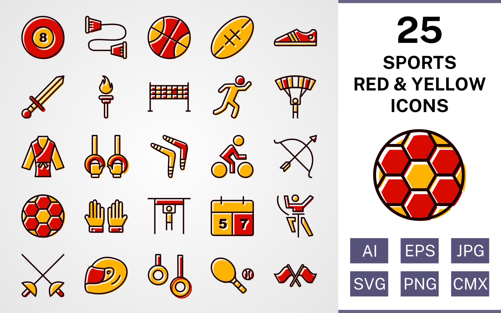 Download 25 Sports And Games Filled Red And Yellow Icon Set - Набор иконок  на тему sports