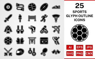 25 Sports And Games Glyph Outline Icon Set