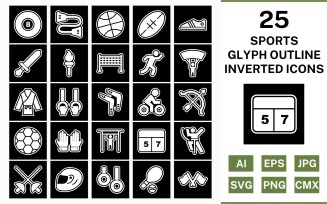 25 Sports And Games Glyph Outline Inverted Icon Set