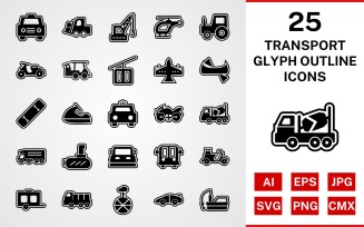 25 Transport Glyph Outline Icon Set