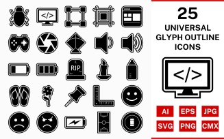 25 Universal Glyph Outline Icon Set