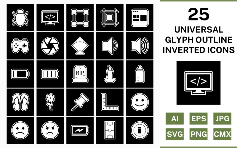 25 Universal Glyph Outline Inverted Icon Set