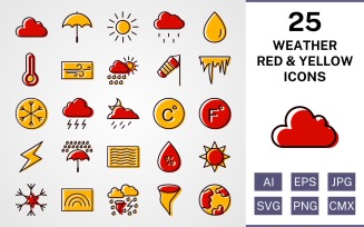 25 Weather Filled Red And Yellow Icon Set
