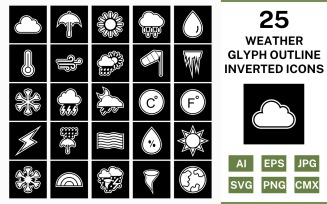 25 Weather Glyph Outline Inverted Icon Set