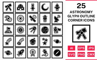 25 Astronomy Glyph Outline Square Corner Icon Set