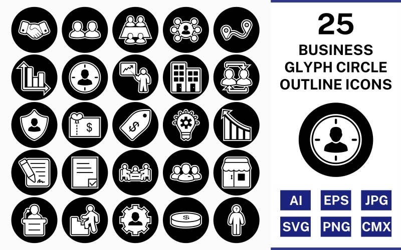 25 Business Glyph Outline Circle Inverted Icon Set