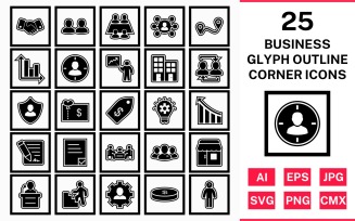 25 Business Glyph Outline Square Corner Icon Set