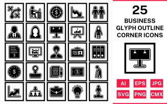 25 Business Glyph Outline Square Corner Icon Set