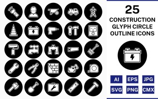 25 Construction Glyph Outline Circle Inverted Icon Set