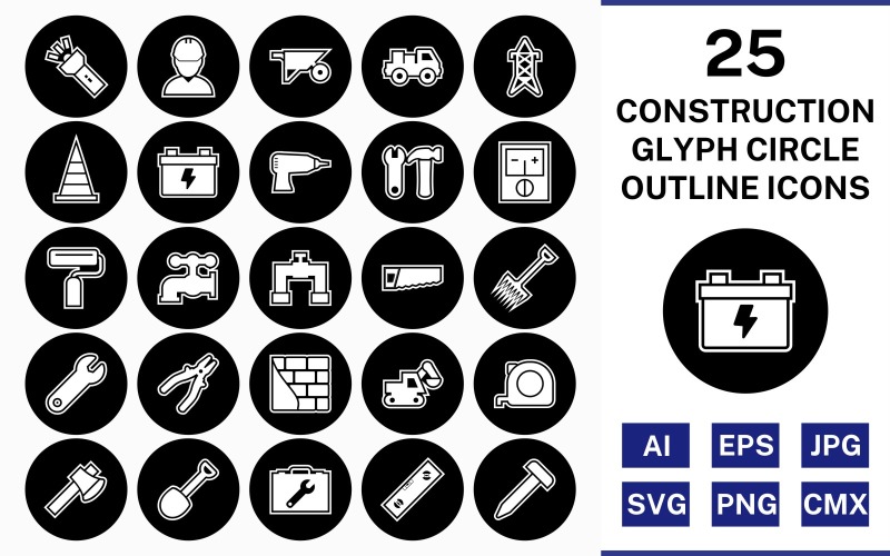 25 Construction Glyph Outline Circle Inverted Icon Set