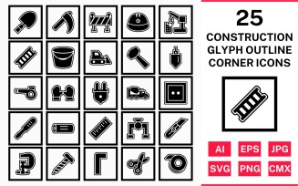25 Construction Glyph Outline Square Corner Icon Set
