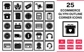 25 Ecommerce Glyph Outline Square Corner Icon Set