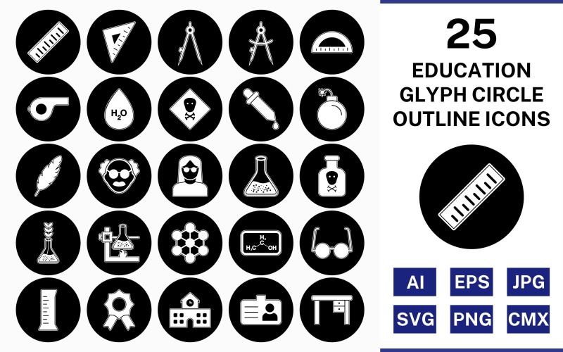 25 Education Glyph Outline Circle Inverted Icon Set