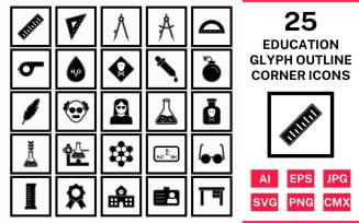 25 Education Glyph Outline Square Corner Icon Set