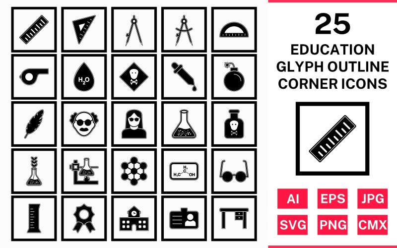 25 Education Glyph Outline Square Corner Icon Set