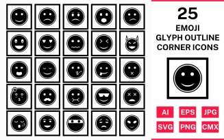 25 Emoji Glyph Outline Square Corner Icon Set