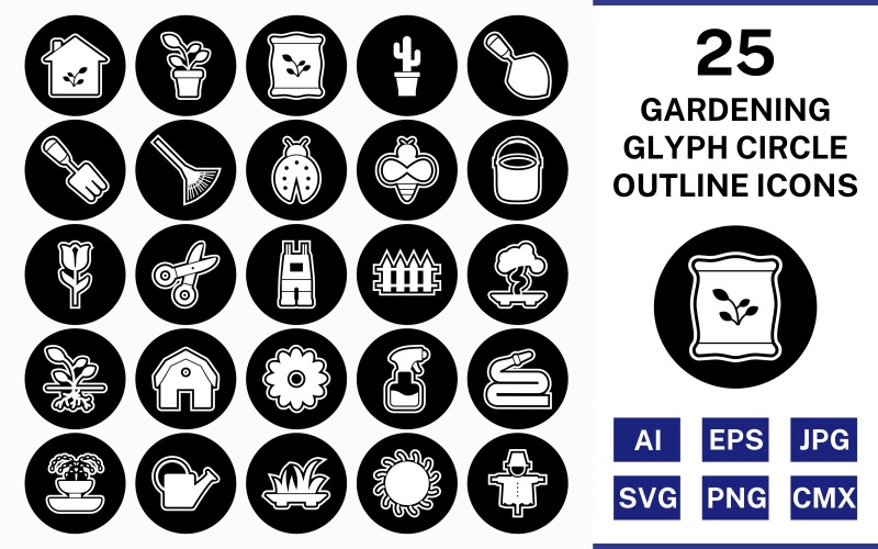 25 Gardening Glyph Outline Circle Inverted Icon Set