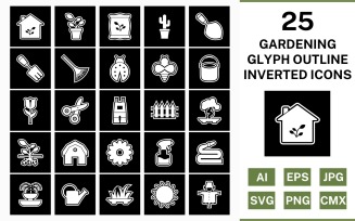 25 Gardening Glyph Outline Inverted Icon Set