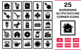 25 Gardening Glyph Outline Square Corner Icon Set