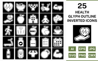 25 Health Glyph Outline Inverted Icon Set