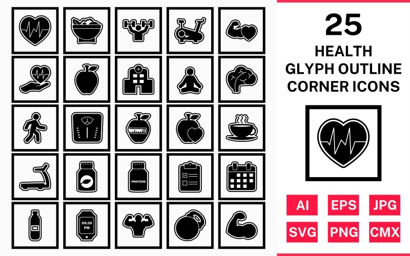 25 Health Glyph Outline Square Corner Icon Set