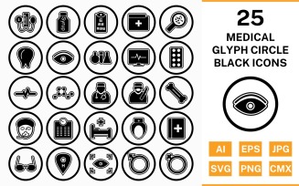25 Medical Circle Glyph Outline Black Icon Set