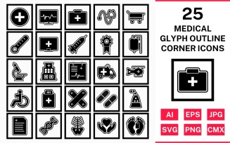 25 Medical Glyph Outline Square Corner Icon Set
